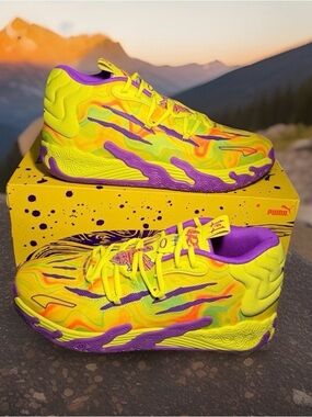Puma MB.03 Spark LaMelo Ball Basketball Shoes Yellow and Purple Glimmer SZ 10.5